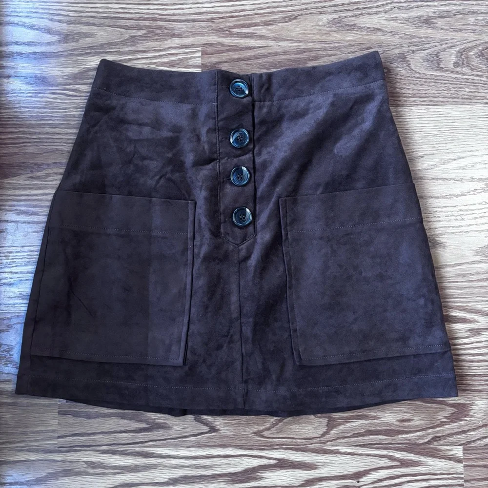 Le Lis Brown Faux Suede Patch Pocket Short Mini Skirt Retro‎ 60s Fall Size Small